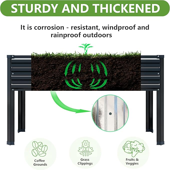48×24×30in Galvanized Raised Garden Bed,Metal Elevated Planter Box with Legs for Patio,Balcony,Backyard,300lb Capacity,Black