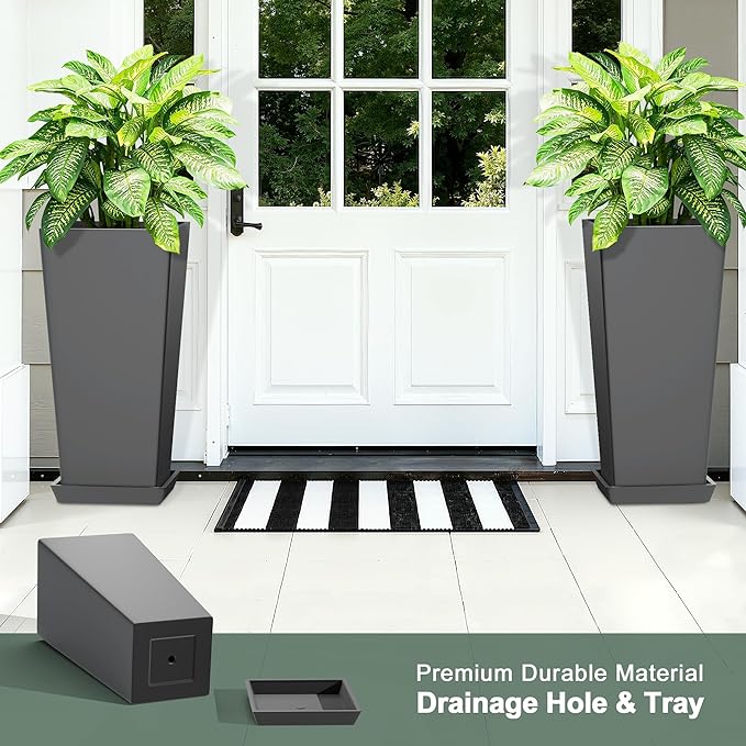 Set of 2 Tall Planters with Drainage Tray, 24 Inch Large Flower Pots for Indoor Outdoor Plants Mordern Planter Weather-Resistant for Patio, Front Door Decor, Garden (Gray)