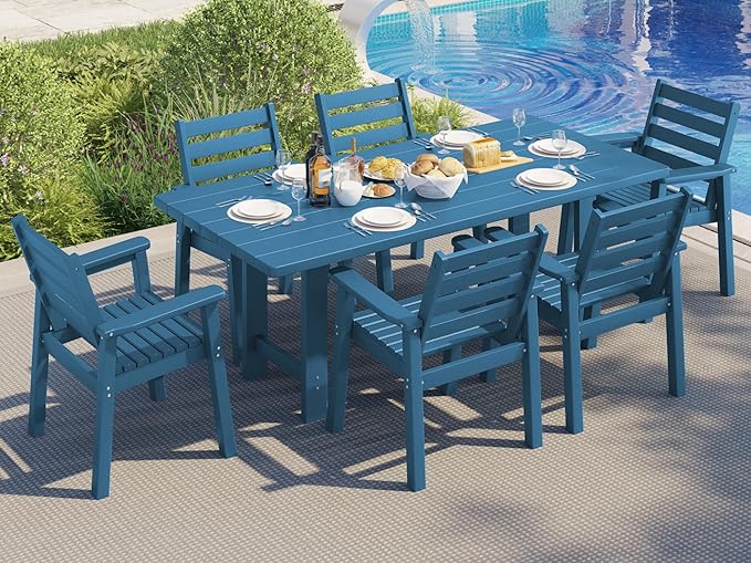 AMERLIFE 7-Piece HDPE Outdoor Dining Set with Umbrella Hole, 71" L Patio Table and Chairs Set for 6, Modern Garden Dining Set for Backyard, Poolside, Porch, Seaside, Blue