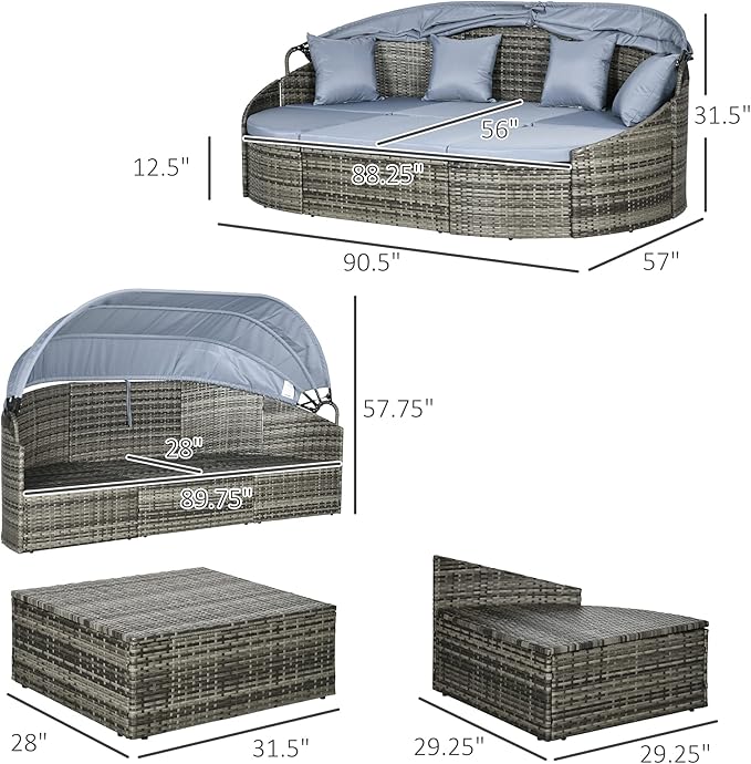 Outsunny 4-Piece Outdoor Rattan Furniture Set, Round Convertible Patio Daybed or Sunbed, Sectional Sofa with Canopy, Pillows, Cushions, Footrest, Table, PE Plastic Wicker, Light Gray