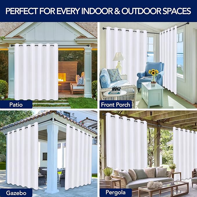 PureFit Outdoor Curtains for Patio Waterproof Weatherproof, UV Resistant Outside Curtains for Gazebo, Front Porch, Pergola, Sun Blocking Privacy Curtain, 100W x 108L inch, 1 Panel, White