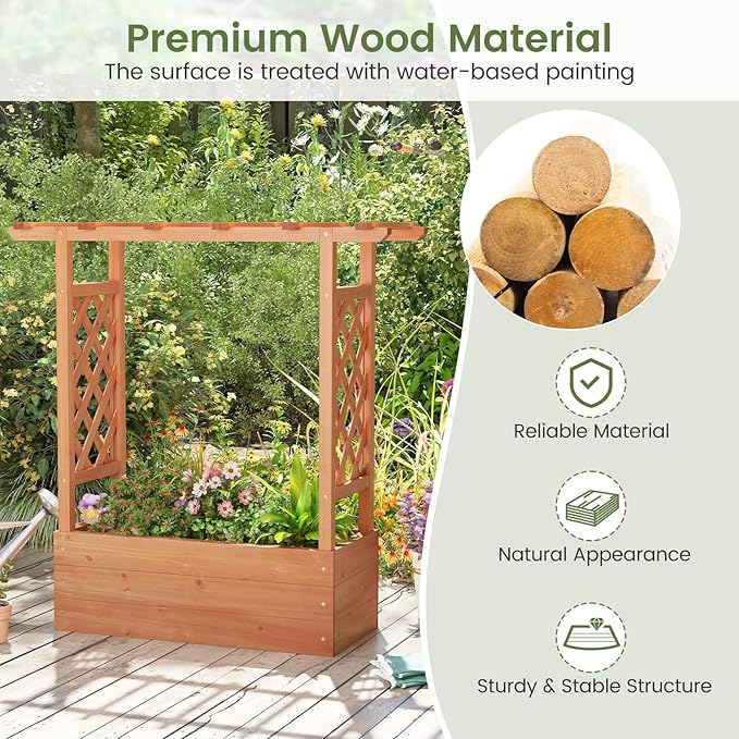 Giantex Raised Garden Bed with 2-Sided Trellis & Hanging Roof, Fir Wood Planter Box w/Drainage Holes, Freestanding Garden Planter for Flowers Herbs Climbing Vines (43"x15"x45")