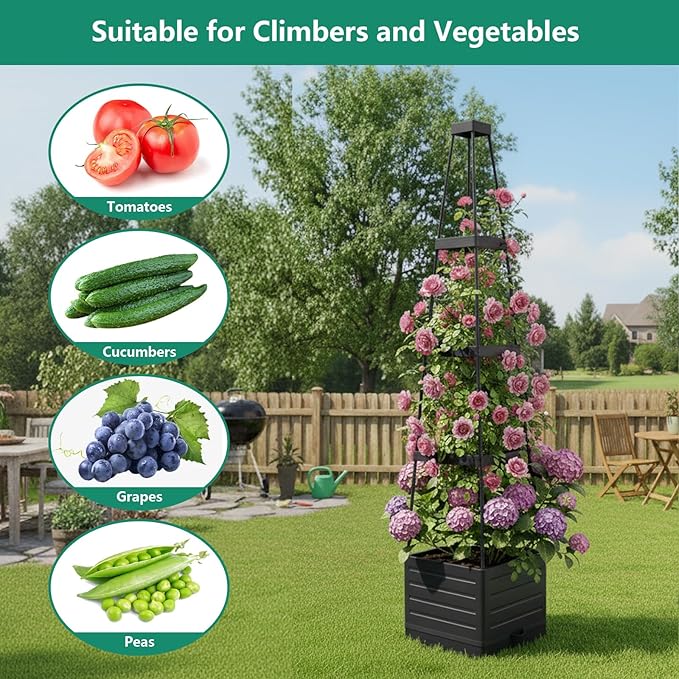 2 Pack Raised Garden Bed Planter Box with Trellis, 58”Tomato Planter with Trellis for Climbing Plants Vegetables Vine Flowers, Self-Watering Tomato Cage for Garden Patio Outdoor & Indoor