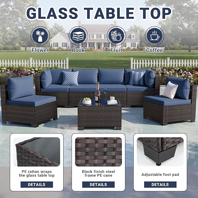 LEVELEVE 7 Pieces Outdoor Patio Furniture Sets,Rattan Conversation Sectional Set,Manual Weaving Wicker Patio Sofa with Tea Table