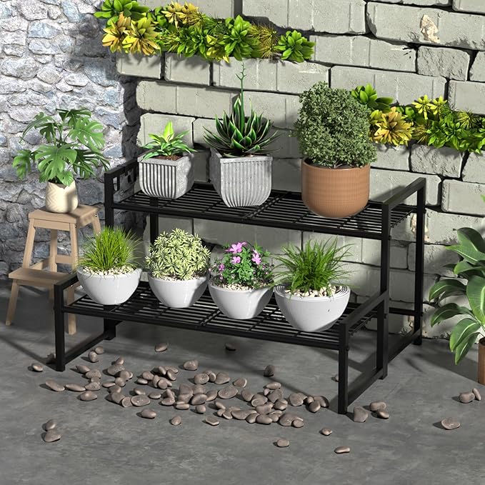 Garden 4 you 2 Tier Metal Plant Stand Outdoor Indoor Waterproof, Stackable Heavy Duty Tall Plant Shelf Flower Pot Holder for Garden, Display Rack, Black