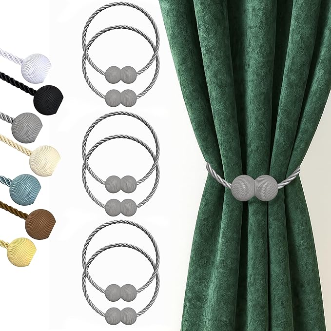 Hion Magnetic Curtain Tiebacks Grey 6 Pack, Curtain Tiebacks Buckles Holdbacks Holders Hooks Clip for Home Bedroom Office Decorative Thick or Thin Curtain