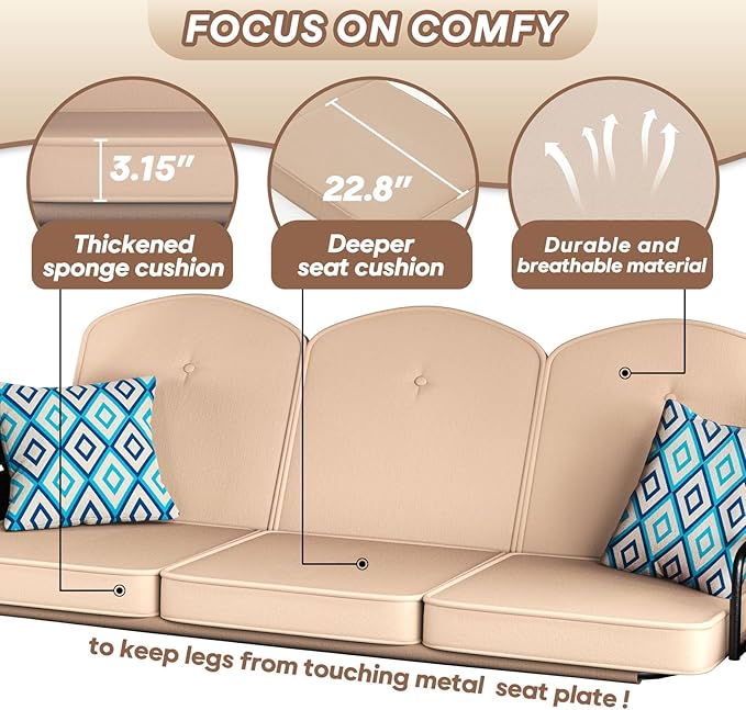 3 Seat Outdoor Porch Patio Swing with Stand 800lbs 2-in-1 Convertible Swing Bed with Adjustable Canopy & Removable Cushion for Yard Garden Deck (Khaki, Square Tube)