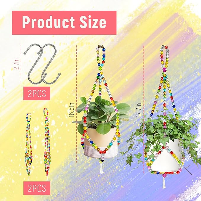 2 Pack Macrame Plant Hangers with 2 Hooks, 17.9inch/16.7inch Handmade Glass Bead Hanging Planter for Indoor Outdoor Bohemian Home Garden Decor