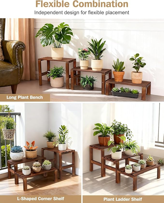 3 Tiered Wooden Plant Stand Shelf Indoor Outdoor,Corner Small Flower Pot Stand ,Rustic Narrow Low Short Plants Holder Rack for Tall Plants Succulent in Patio Livingroom Balcony Window Sill Table Desk