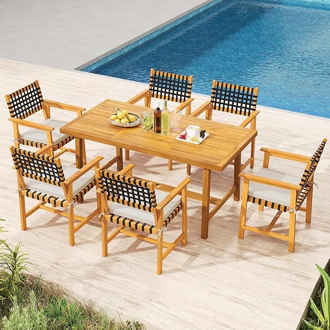Tangkula 7 Piece Patio Dining Set for 6 People, 63” Outdoor Rectangular Acacia Wood Table with 1.97” Umbrella Hole & 6 Armchairs with Padded Seat Cushions, for Deck Yard and Poolside
