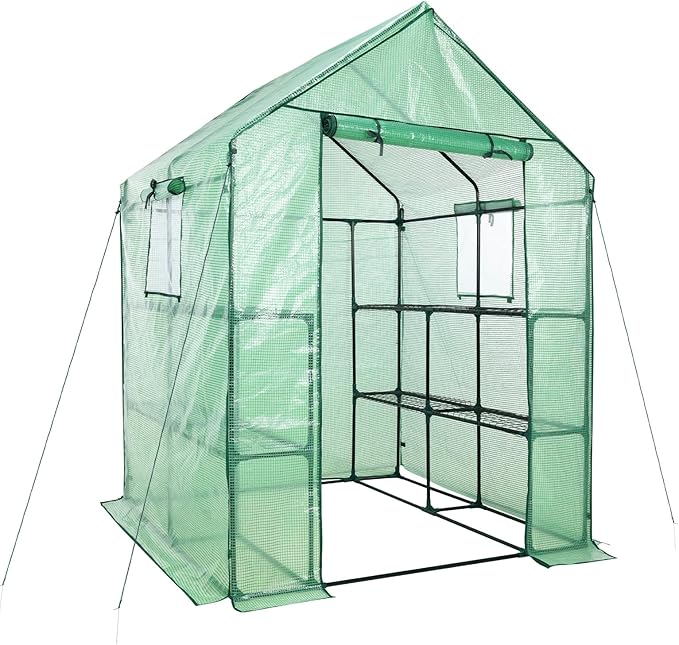 Aoodor Walk-in Greenhouse with 8 Shelves, 4.7 × 4.7 × 6.4 ft Outdoor Garden Plant House with PE Cover for Growing Vegetables, Flowers, Herbs