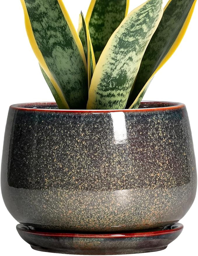 G EPGardening 7 Inch Ceramic Pots for Plants - Ceramic Planters for Indoor Outdoor Plants, Round Plant Pots with Drainage and Saucer, Modern Planter, House Decor, Plant Lover Gifts, Speckled Brown