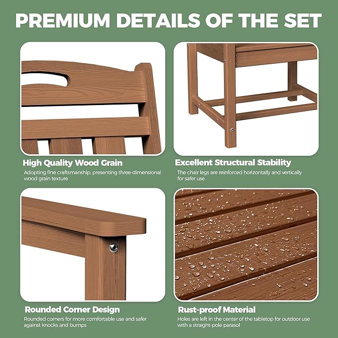 HDPE Outdoor Dining Set, Patio Table and Chairs Set, All-Weather 7-Piece Outside Table and 6 Chairs, 2" Umbrella Hole, Outdoor Furniture for Garden, Poolside, Backyard, Deck | Teak