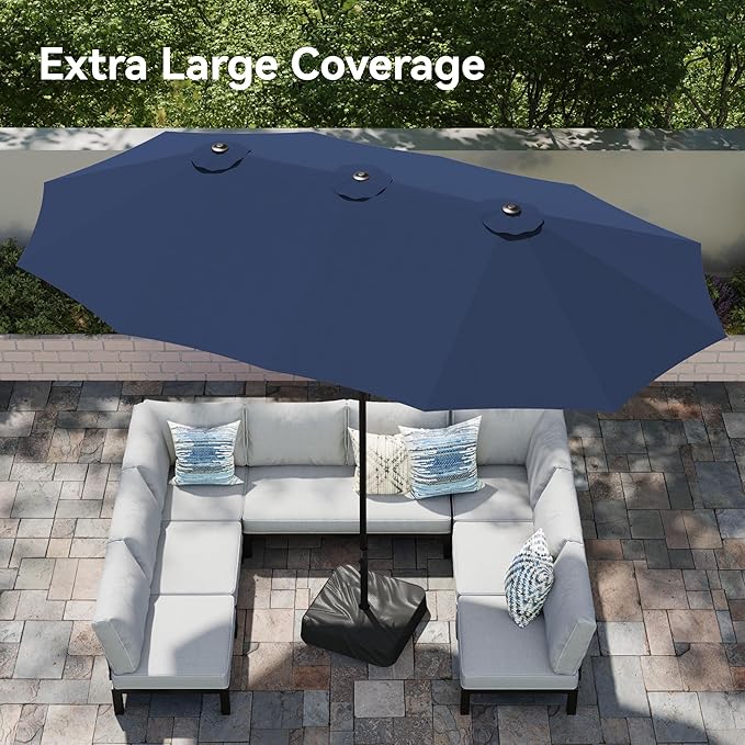 PHI VILLA 15ft Large Patio Umbrellas with Base Included, Outdoor Double-Sided Rectangle Market Umbrella with Crank Handle, for Pool Lawn Garden, Navy Blue