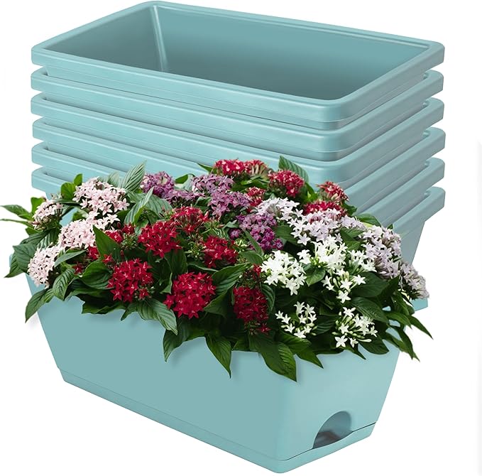 Window Box Planter, 7 Pack Plastic Vegetable Flower Planters Boxes 17 Inches Rectangular Flower Pots with Saucers for Indoor Outdoor Garden, Patio, Home Decor