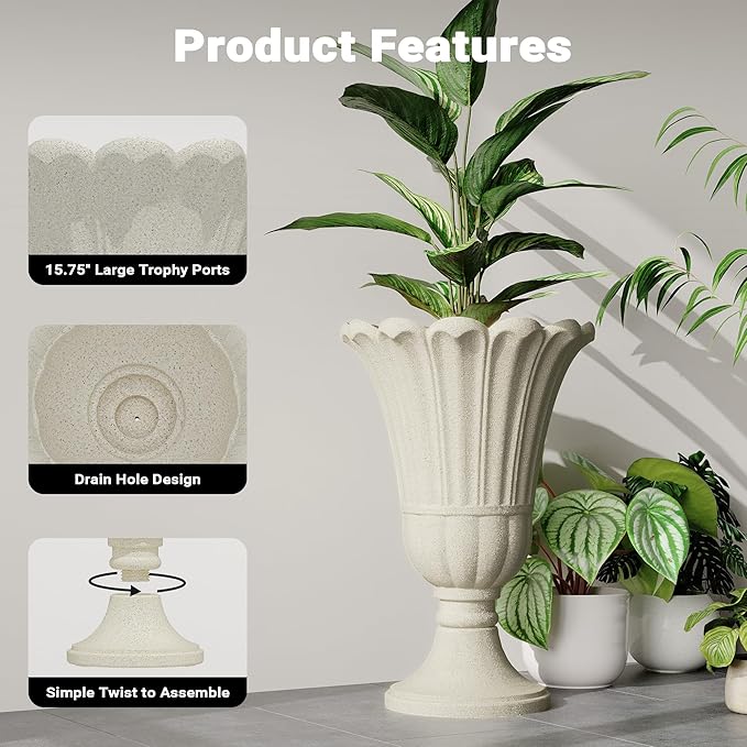 23" Tall Planters for Outdoor Plants Set of 2, Planter with Drainage Holes and Petal Design, Large Outdoor Planters for Porch, Garden, Indoor, Beige
