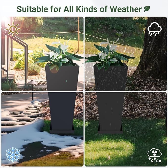 Tall Planters 28" H - 2 Pack, Tapered Pots with Drainage Insert Shelve & Trays, Metal Outdoor Planter Box for Porch, Garden, Patio, Yard (Black)