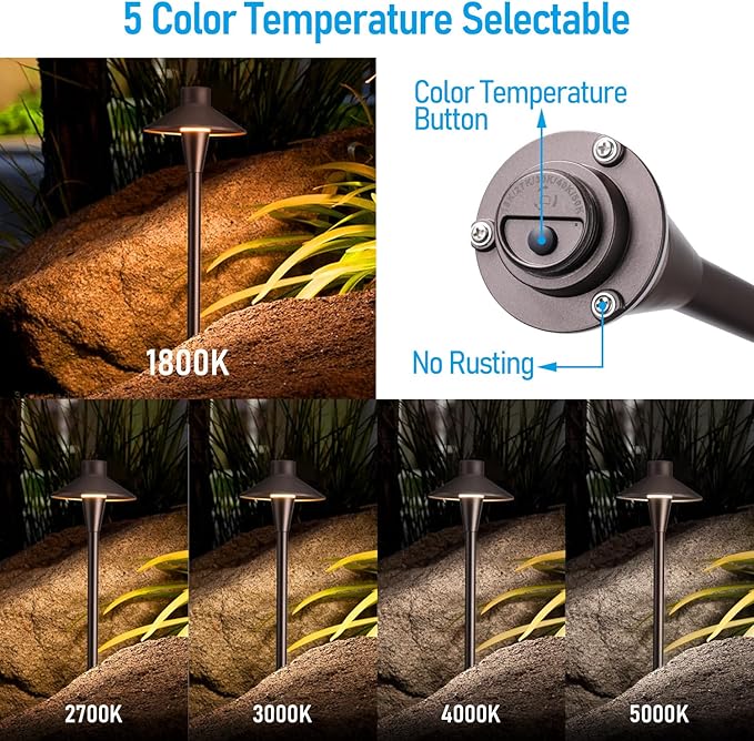 LEONLITE Update 5CCT Low Voltage Pathway Lights, 12-24V LED Landscape Path Light, 1800/2700/3000/4000/5000K, CRI90, IP65 Waterproof Landscape Lighting, Aluminum Housing, Oil Rubbed Bronze, Pack of 6