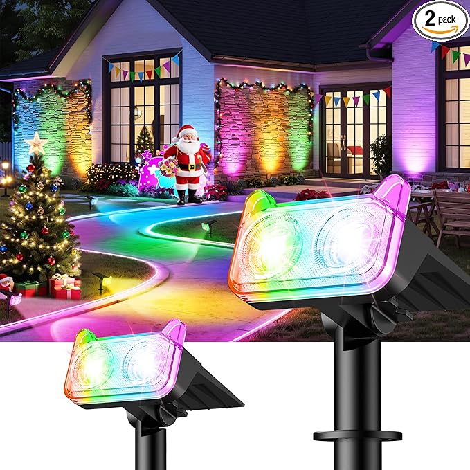 LETMY Solar Spot Lights Outdoor Waterproof with 2 Bigger LED, Auto ON/Off 135°Adjustable Solar Lights Outdoor, 2-in-1 Wall Lights Landscape Spotlights for Tree Pathway Garden Decor 2Pack (RGB Light)