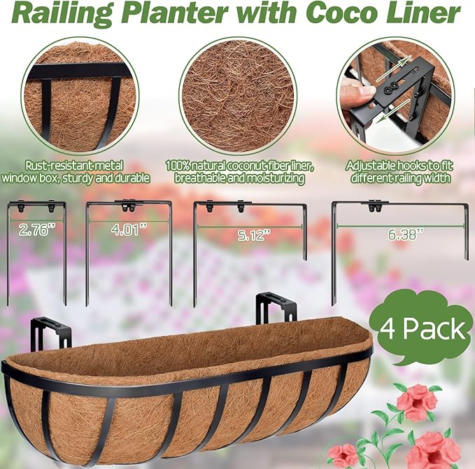 ZeeDix 4 Pack 24 Inch Railing Planter Box, Metal Window Boxes with Coco Liners for Railing, Hanging Flower Boxes for Deck Porch Balcony & Fence Outdoor Indoor Lawn