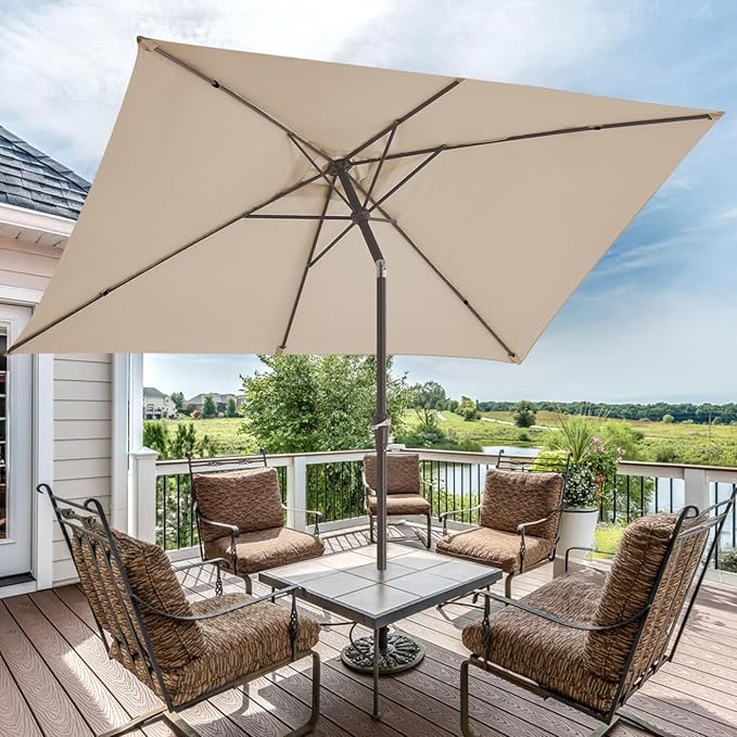 JEAREY 6.5x10 ft Rectangular Patio Umbrellas Rectangle Outdoor Umbrella with Push Button Tilt and Crank, Market Table Umbrella 6 Sturdy Ribs UV Protection for Poolside Garden Backyard Deck, Beige