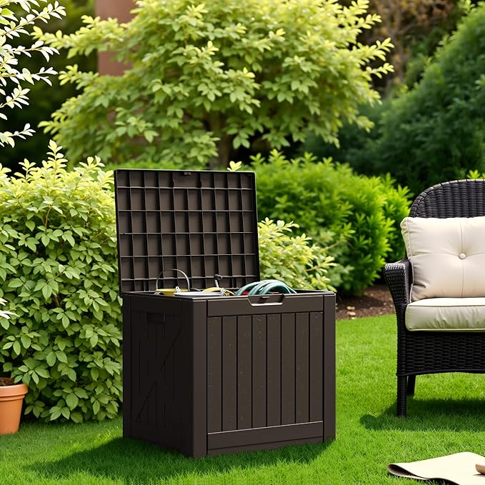 Flamaker Resin Deck Box 40 Gallon Waterproof Outdoor Indoor Storage Box Imitation Wood Resin for Patio Furniture Garden Tools and Pool (Deep Brown)