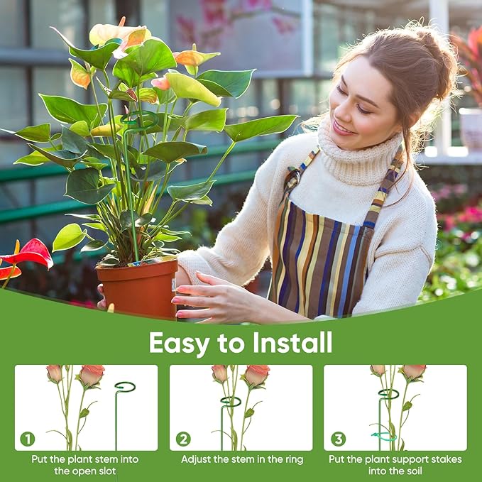 12 Pack Plant Support Stakes with 24 Pcs Plant Clips, Garden Single Stem Support Stake, Plant Cage Support Ring for Indoor Outdoor Flowers Rose Amaryllis Tomatoes Peony Lily Orchid