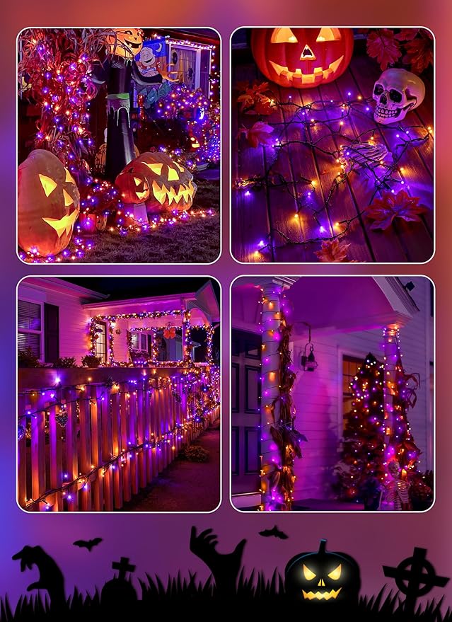 Brightown 4 Pack Solar Halloween String Lights, Total 184FT 480 LED Solar Lights Outdoor Waterproof Black Wire with 8 Modes, Solar Fairy Light for Garden Yard Patio Party Decors, Orange and Purple
