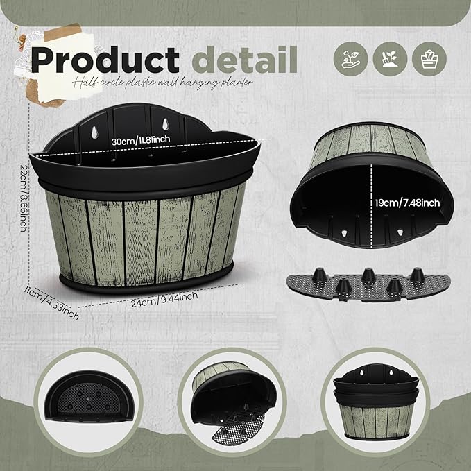Layhit 6 Pcs Wall Hanging Planters Outdoor Pot Planter Wine Barrel Planter Distressed Oak Thickened Plastic Water Storage Flower Pots for Flower Indoor Outdoor(10 Inches,Grey Green)