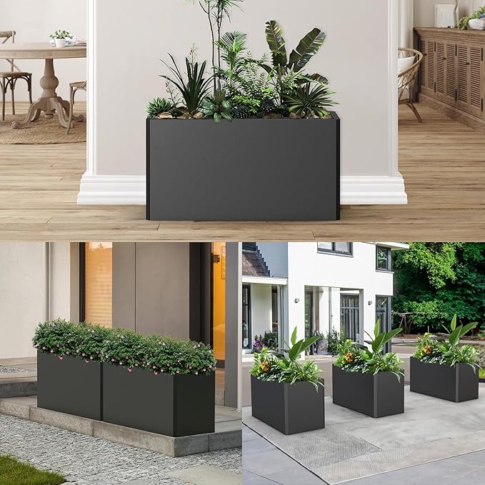 Metal Planter Box - Rectangular Trough, All-Weather Durable with 4 Drainage Holes, 25x11x13 Inches for Porch & Patio, Black