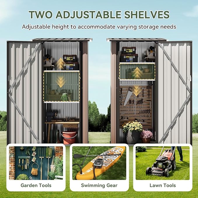 Aoxun Outdoor Storage Shed with Floor - Vertical Cabinet with 2 Adjustable Shelves & Lockable Doors, Waterproof Small Tool Shed, for Backyard Garden Patio Lawn Indoor, Brown