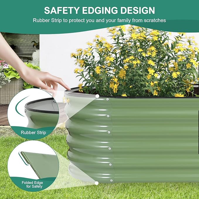 Galvanized Raised Garden Bed - 8×2×1.4ft Planter Raised Beds for Gardening | Oval Metal Garden Planter Box with Safety Edging and Gloves for Vegetables Fruits and Flower OliveGreen