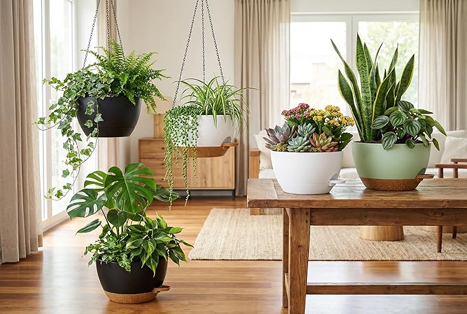 Hanging Planters, 3-Pack 10 Inch Self-Watering Pots with Drainage Holes and Chains, Matte Plastic Planters for Indoor/Outdoor Plant（Black Brown）