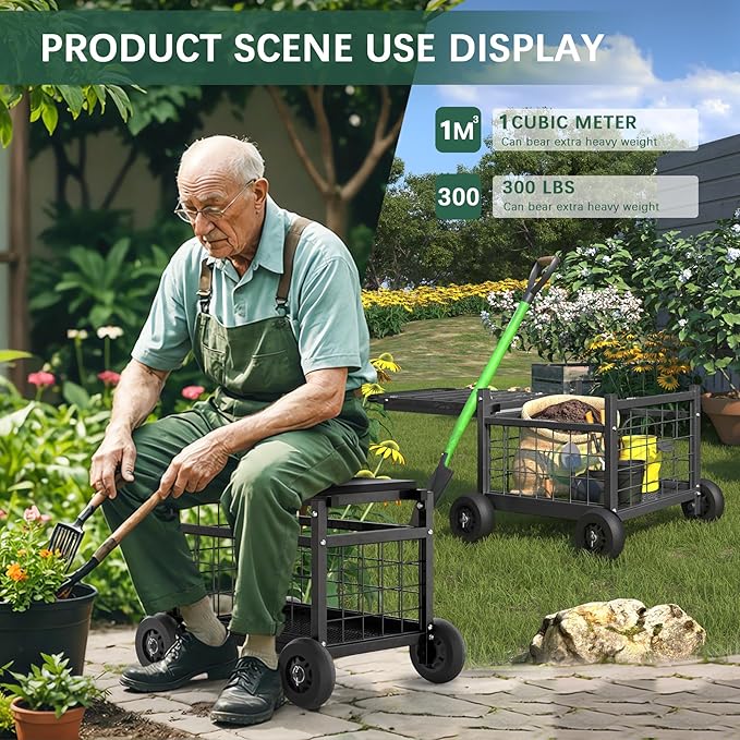 FLINTER Rolling Garden Work Seat with Wheels, Heavy Duty Garden Cart with Seat - Metal Rolling Garden Stool, Upgraded Gardening Cart for Seniors, Outdoor Wagon for Lawn, Patio Gardening, Black