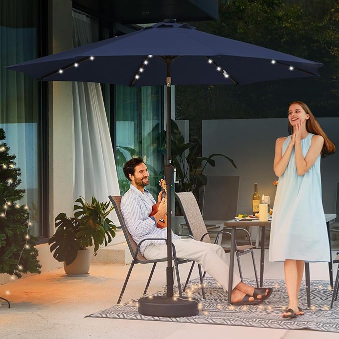 JEAREY 9FT Outdoor Patio Umbrella with Solar Lights, LED Lighted Pool Umbrella with Tilt and Crank, Outdoor Table Umbrellas for Deck, Yard & Market (9ft, Navy Blue)