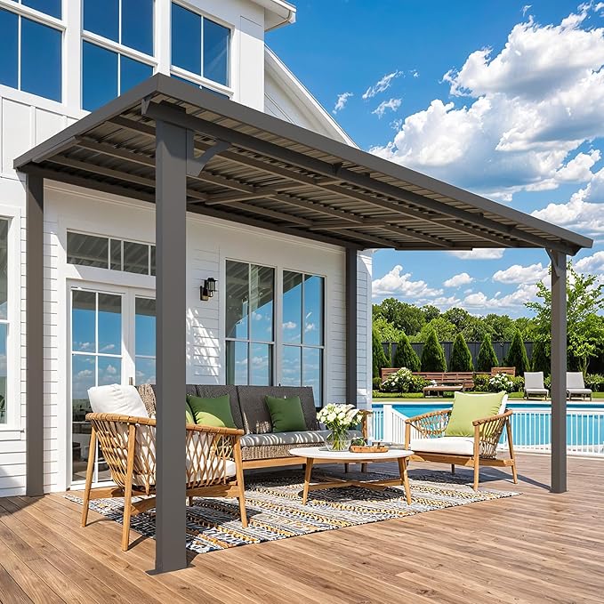 AECOJOY 12' x 8' Outdoor Hardtop Gazebo Pergola for Patio, Large 8x12 Galvanized Steel Heavy Duty Lean to Wall-Mounted Pergolas and Gazebos Clearance, Metal Patio Roof Awnings for Backyards, Decks