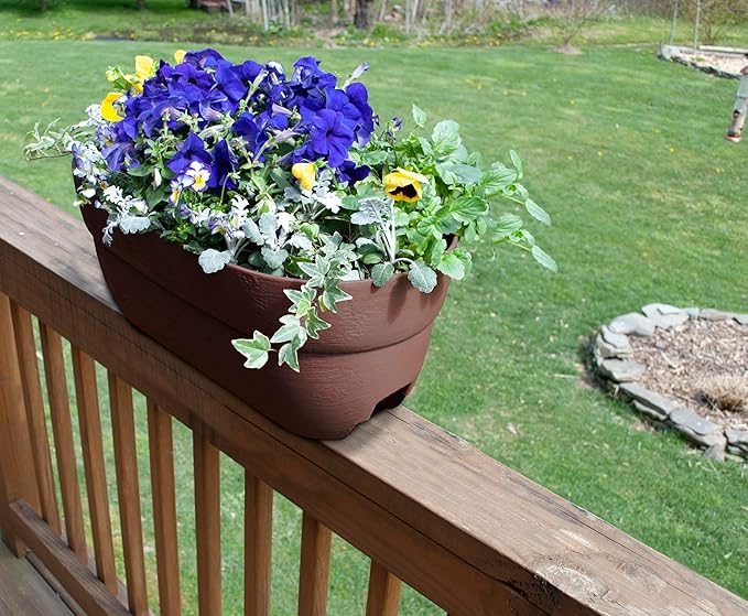 Emsco Group Bloomers Railing Planter with Drainage Holes – 24" Weatherproof Resin Planter – Brown, Plastic