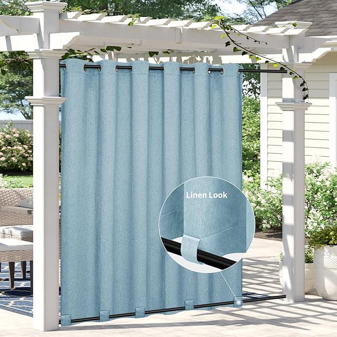 Easy-Going Linen Look Outdoor Curtains Waterproof Windproof Porch Curtains, Soft Thicken Outdoor Privacy Curtains for Patio, Gazebo, Grommet Top and Tab Bottom Drape, 1 Panel, 110x120 inch, Sky Blue