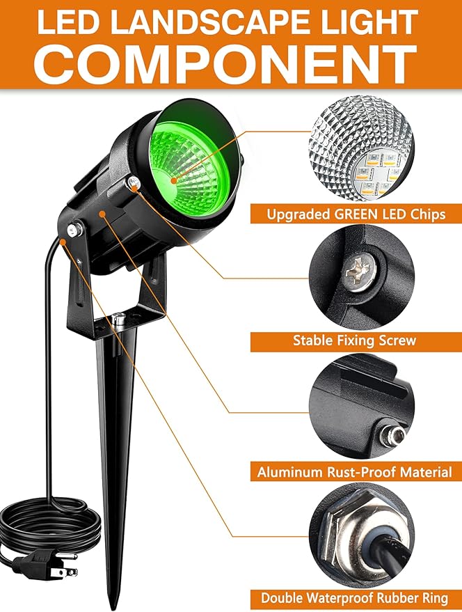 Christmas Green LED Spot Lights Landscape Lights Outdoor, 110v Plug in Landscape Lighting with IP66 Waterproof Halloween Spotlights for Garden Pathway Tree Pathway, 2 Pack7W Green LED Landscape Lights