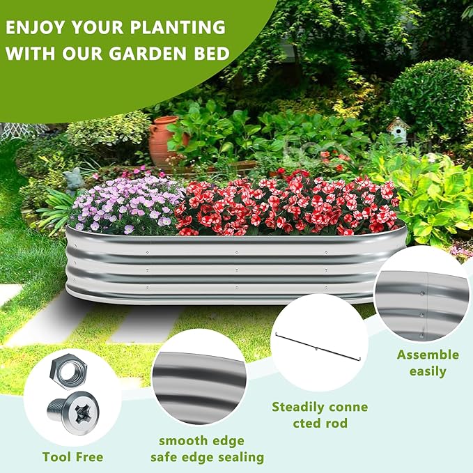 zizin 2 Pack Oval Galvanized Raised Garden Bed Kit 8x2x1ft Large Metal Planter Box for Outdoor Vegetables, Silver
