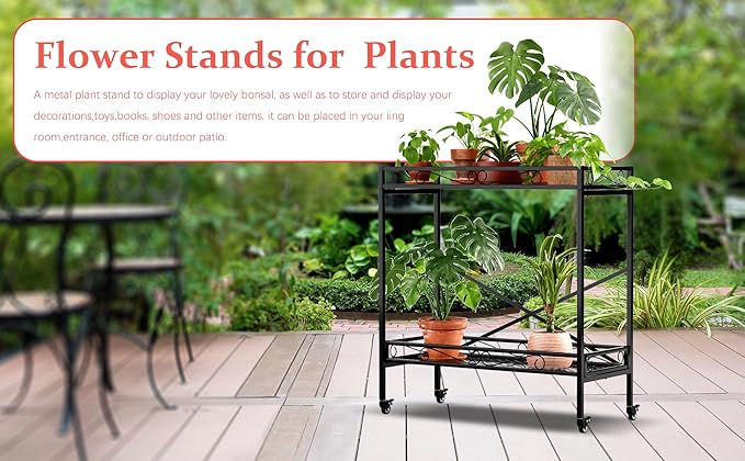 Zhongma 2 Tier Sturdy Metal Plant Stand with Wheels, 36.6x16x39.4 Inch High, Heavy Duty Succulent Shelf for Home Indoor and Outdoor, 440 LBS Capacity & Heavy Duty Construction