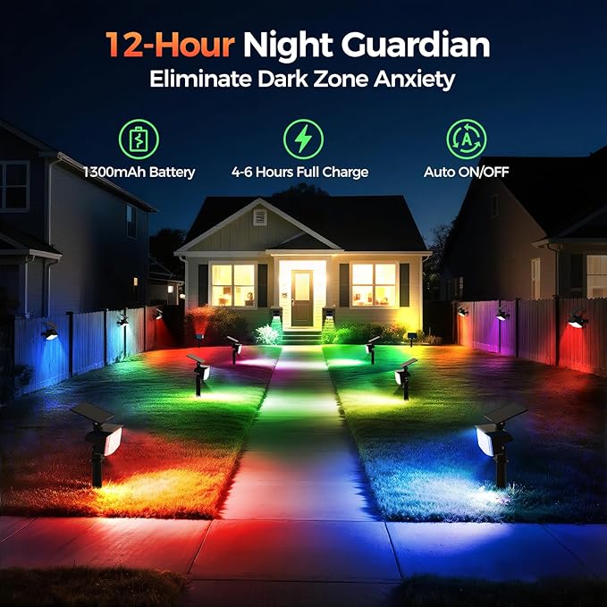 Solar Lights Outdoor Color Changing, 85 LEDs 9 Lighting Modes RGB Solar Outdoor Lights, IP67 Waterproof Multicolor Landscape Spotlights for Halloween Holiday Decorations (2 Pack)