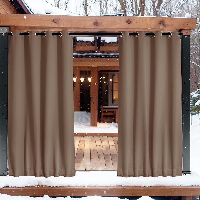 NICETOWN 2 Panels Outdoor Curtains for Patio Waterproof, Top & Bottom Grommet & Back Tab, Blackout Outdoor Drapes with Rope for Fixed Windproof Keep Privacy & Warm for Porch, W52 x L95, Tan-Khaki