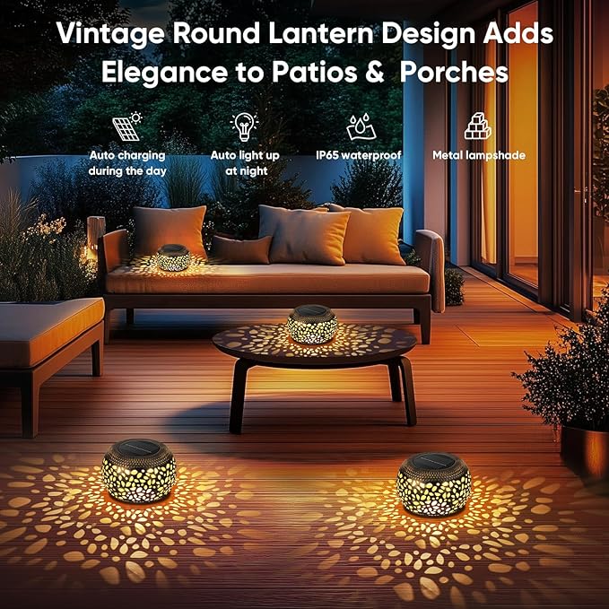 Solar Lantern Outdoor Patio Decor: 4 Pack Solar Lanterns Outdoor Waterproof, Hollow Out Retro Metal Solar Lights, Yard Porch Garden Balcony Indoor Desk Bedroom Tabletop Decorations, 2 Lighting Colors