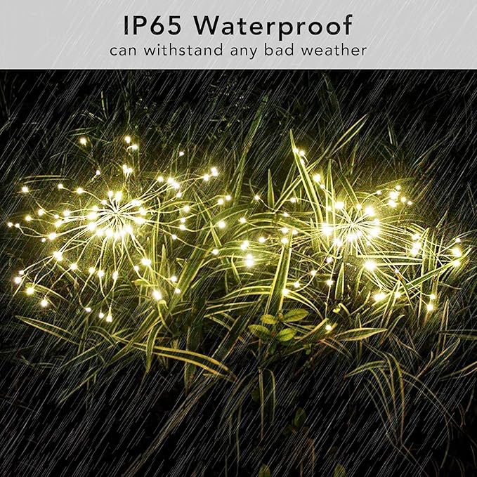 FOOING 4 Pcs Solar Garden Lights Solar Firework Lights, 480 LED Solar Powered String Light 2 Modes Twinkling Solar Lights for Garden, Wedding, Party, Patio(Warm White), 100182987