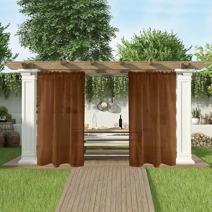 SpaceDresser Waterproof Outdoor Sheer Curtains for Patio - 4 Panels Rod Pocket Indoor Voile Sheer Curtain for Living Room,52W x 108L inch, Brown