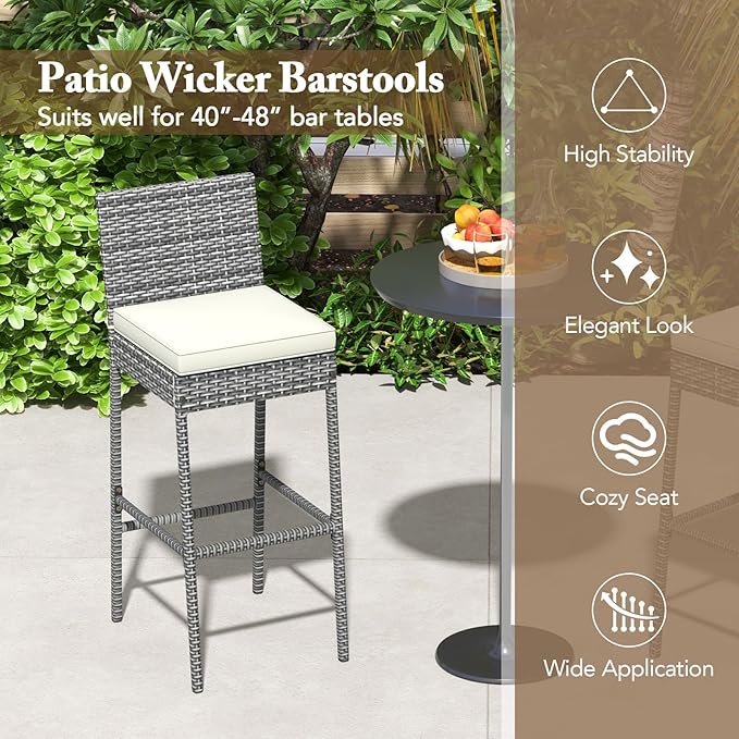 HAPPYGRILL Patio Wicker Barstools Set of 2, Outdoor Bar Height Chair w/Soft Seat Cushion & Cozy Footrest, Heavy-Duty Metal Frame, 400 lbs Max Load, Rattan Armless Bar Chairs
