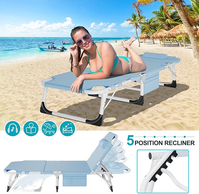 ABORON 3 in 1 Sun Tanning Chair Oversized with Mat&Face Arm Hole,Heavy Duty Folding Chaise Lounge Chairs,5-Position Outdoor Lounge Chair/Pillow, for Beach, Pool, Lawn, Yard, Patio