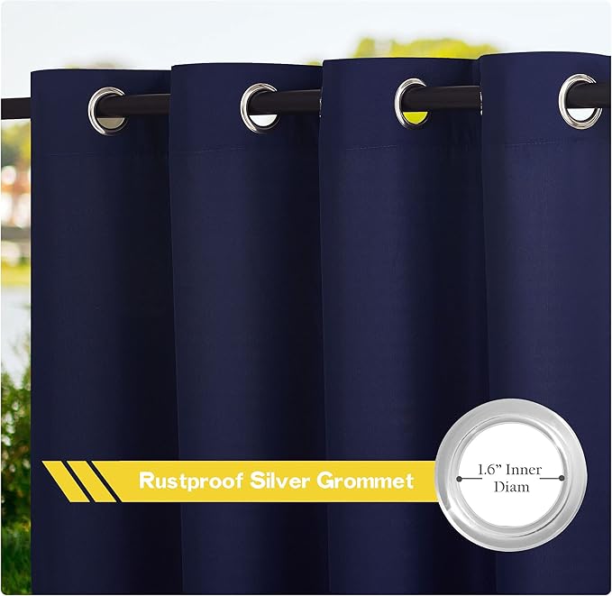 NICETOWN Outdoor Curtains for Patio Waterproof Extra Long W55 x L108 Inch, Thermal Insulated Stainless Steel Grommet Privacy Vertical Drapes for Porch/Yard, Set of 2, Navy Blue