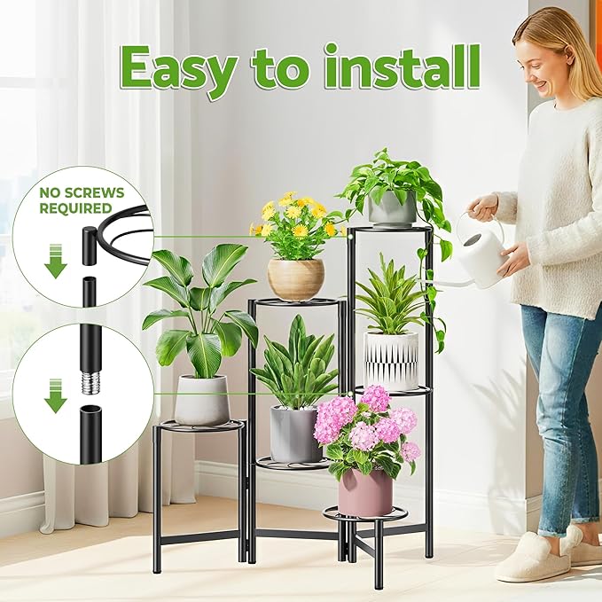Outdoor Plant Stands for Patio Corner Tall Plant Stand Indoor Metal Flower Pot Stands for Multiple Plants 6 Tier Heavy Duty Shelf Black Kite